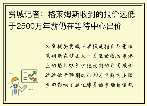 费城记者：格莱姆斯收到的报价远低于2500万年薪仍在等待中心出价